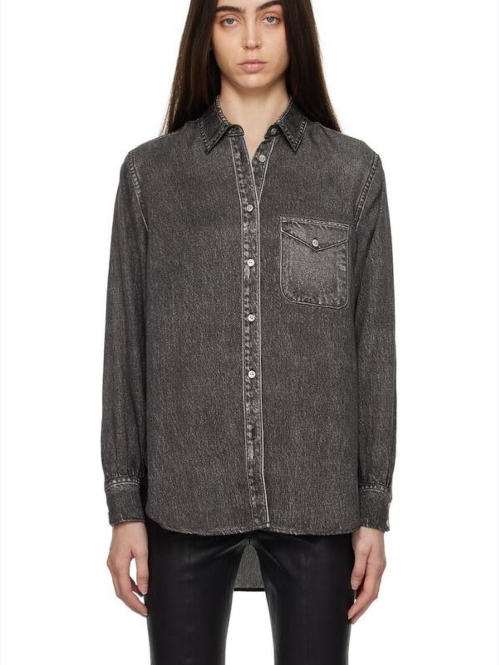 Rag & Bone Black Liquid Miramar Shirt Acid Washed Faux Denim Button Down Wom SM